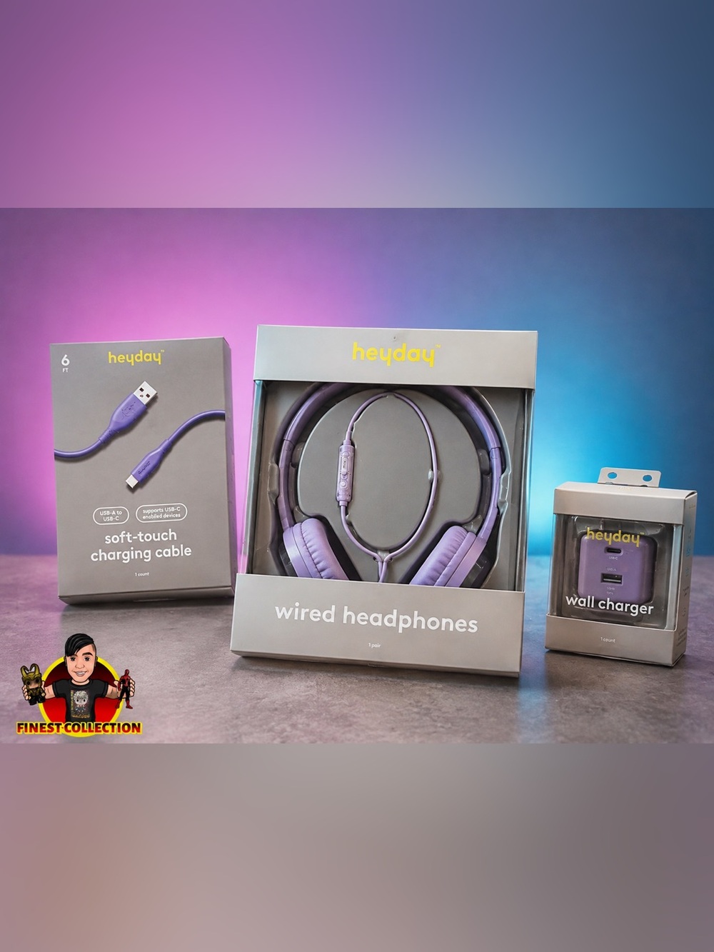 heyday Purple Wired Headphones with Matching Cable and Wall Charger